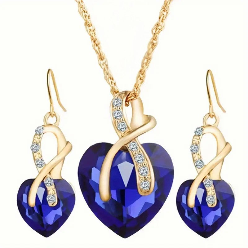 Gold Saphir Herz Halsketten- und Ohrring-Set