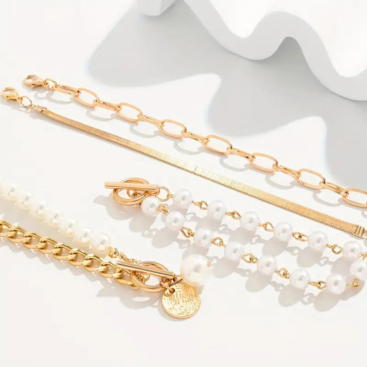 Chic Gold 4-Piece Armband-Set - Schlangen, Perlen & Links | Gold