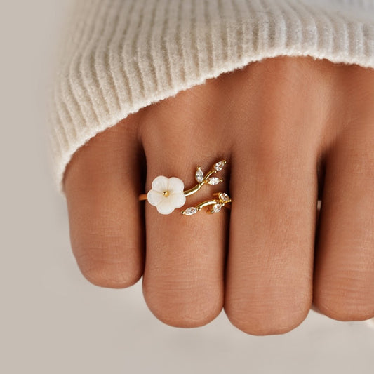 Gold Blüten und Blatt Offen Ring