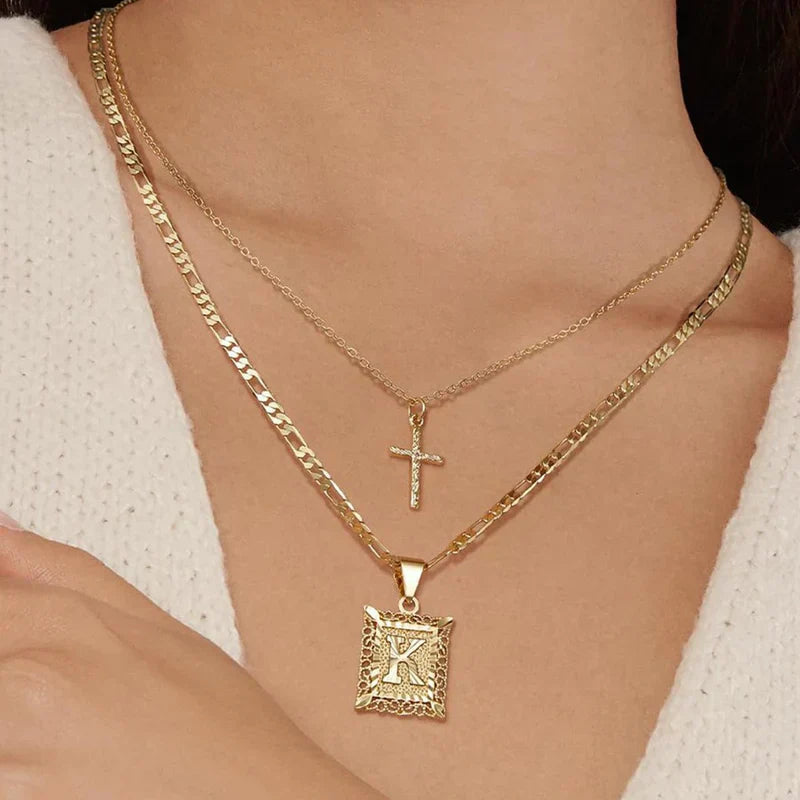 Kreuz Initialen Halsketten-Set | Gold