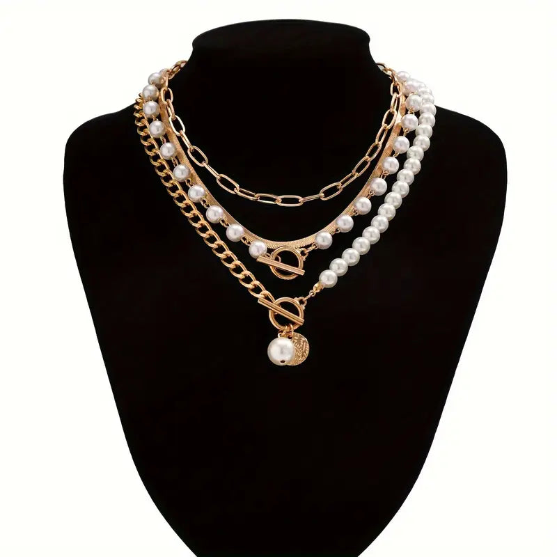 Vintage Perlen & Gold Schlangen Kettenhalskette Set | Gold