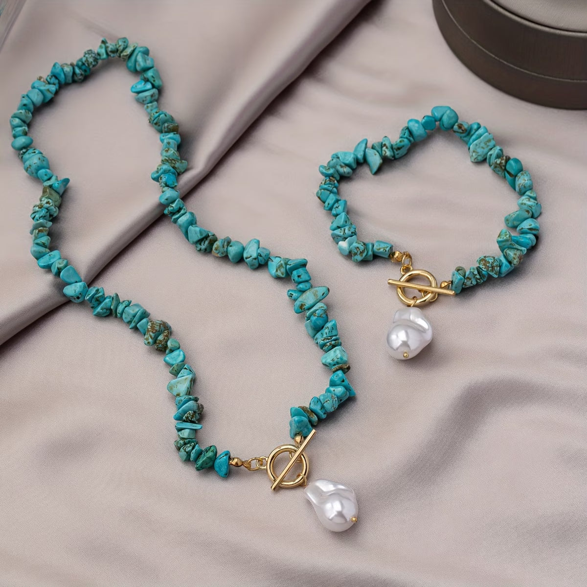 Türkis & Perlen-Halskette Armband-Set