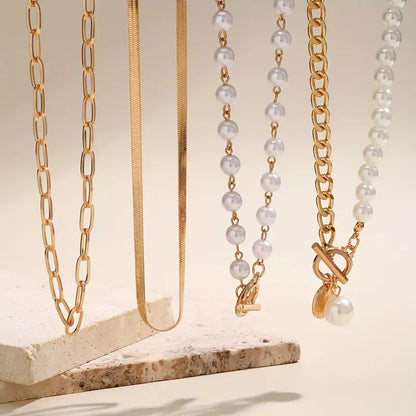 Vintage Perlen & Gold Schlangen Kettenhalskette Set | Gold