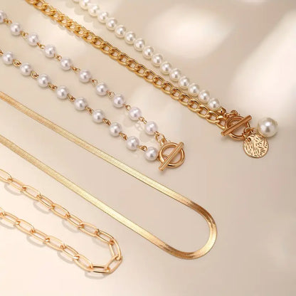 Vintage Perlen & Gold Schlangen Kettenhalskette Set | Gold