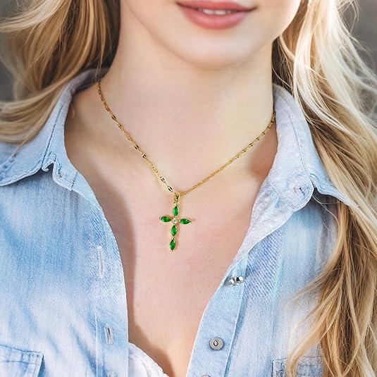 Gold Smaragd Marquise Kreuz Halskette