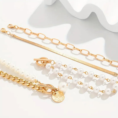 Chic Gold 4-Piece Armband-Set - Schlangen, Perlen & Links | Gold