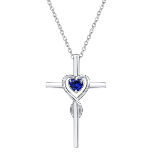 Saphir Herz Stein Kreuz Halskette | Weißgold