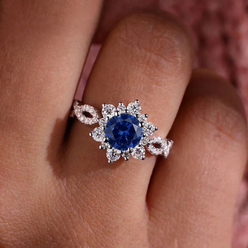 Kristall Saphir Blumen Ring | Weißgold