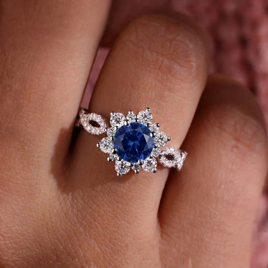 Kristall Saphir Blumen Ring | Weißgold