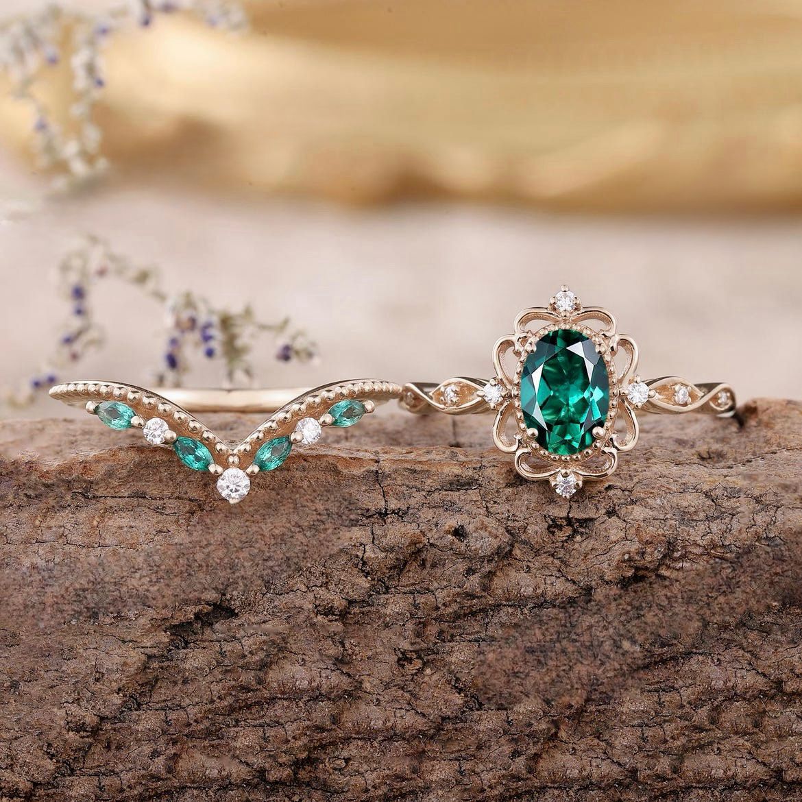 Aurelle Smaragd Kronen Ring-Set | Roségold