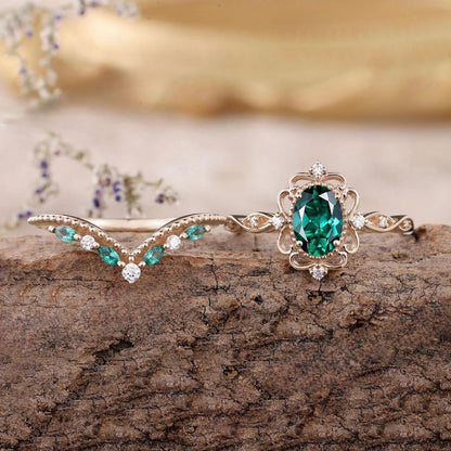 Aurelle Smaragd Kronen Ring-Set | Roségold