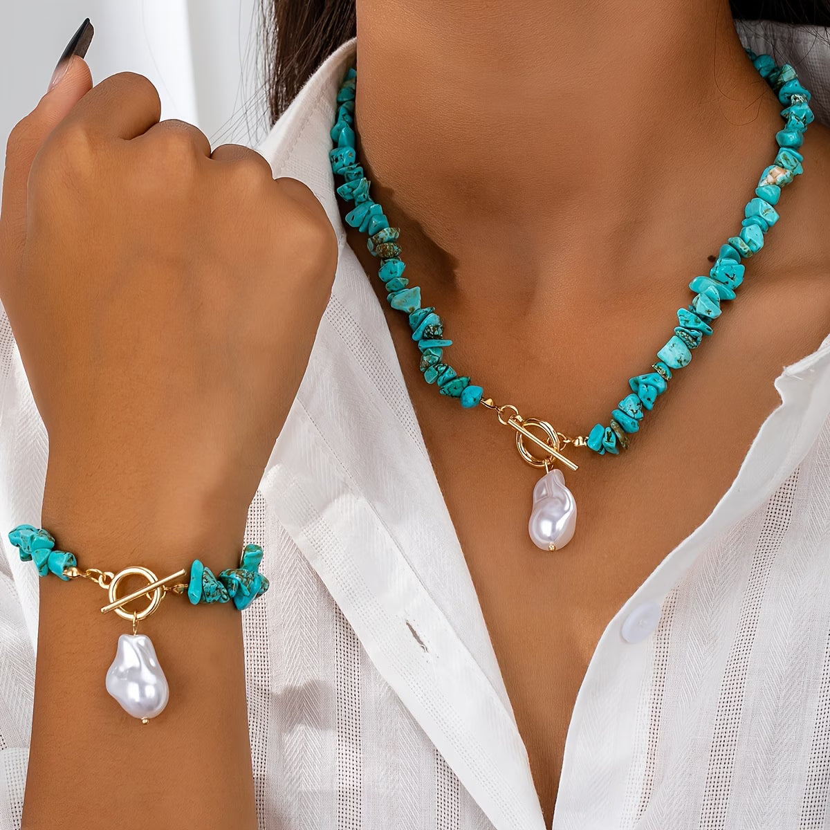 Türkis & Perlen-Halskette Armband-Set