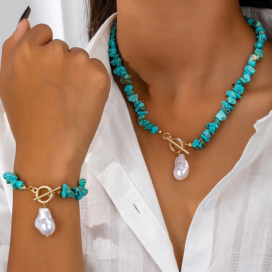 Türkis & Perlen-Halskette Armband-Set
