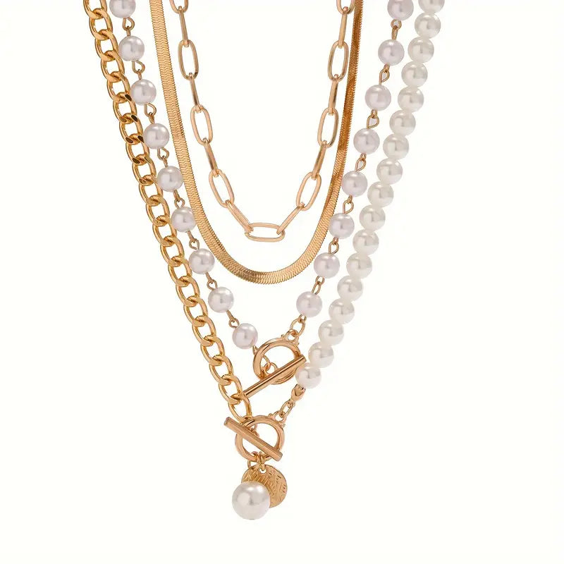 Vintage Perlen & Gold Schlangen Kettenhalskette Set | Gold