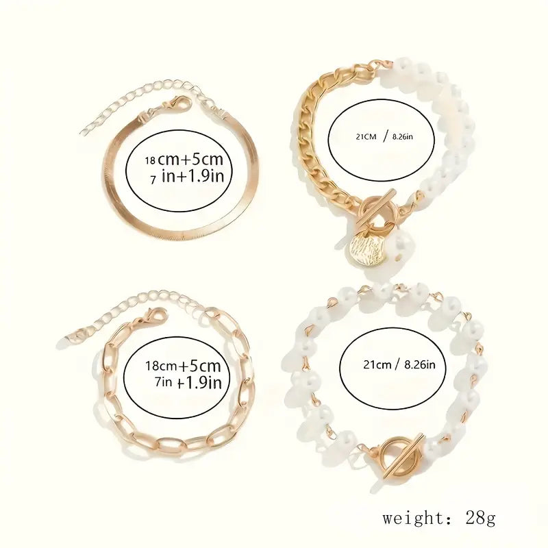 Chic Gold 4-Piece Armband-Set - Schlangen, Perlen & Links | Gold