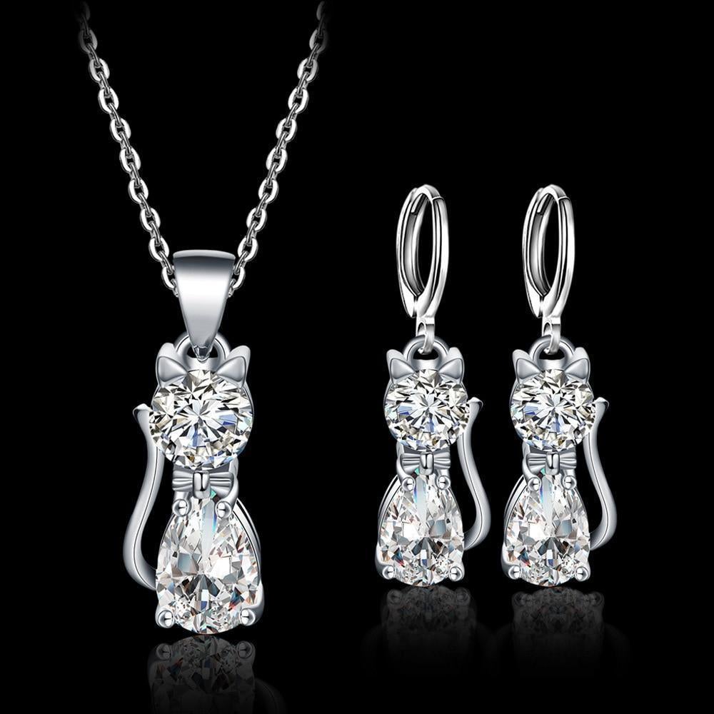 Set Halskette + Ohrringe Glückliche Katzen in Sterlingsilber und Poliert Weiß Zirkonium