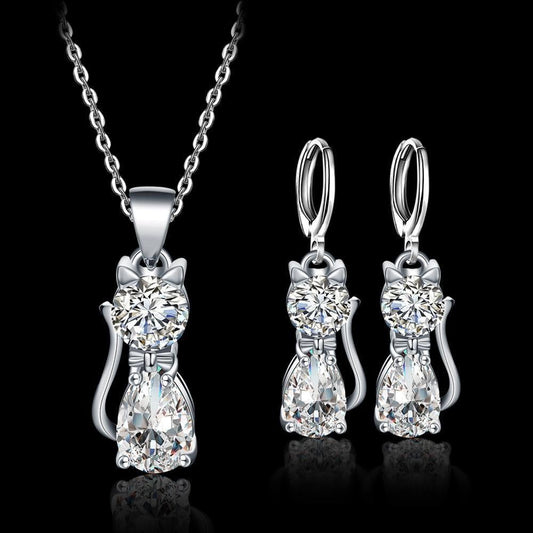 Set Halskette + Ohrringe Glückliche Katzen in Sterlingsilber und Poliert Weiß Zirkonium