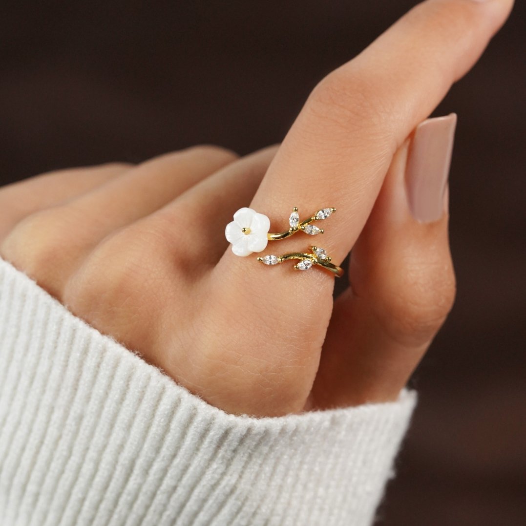 Gold Blüten und Blatt Offen Ring