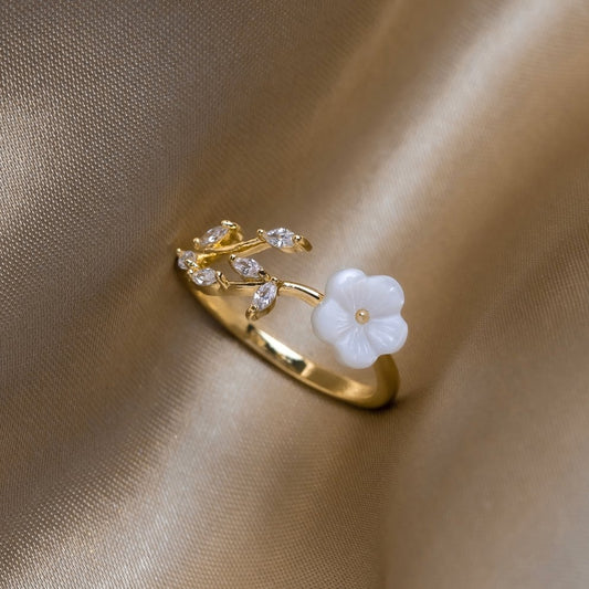 Gold Blüten und Blatt Offen Ring