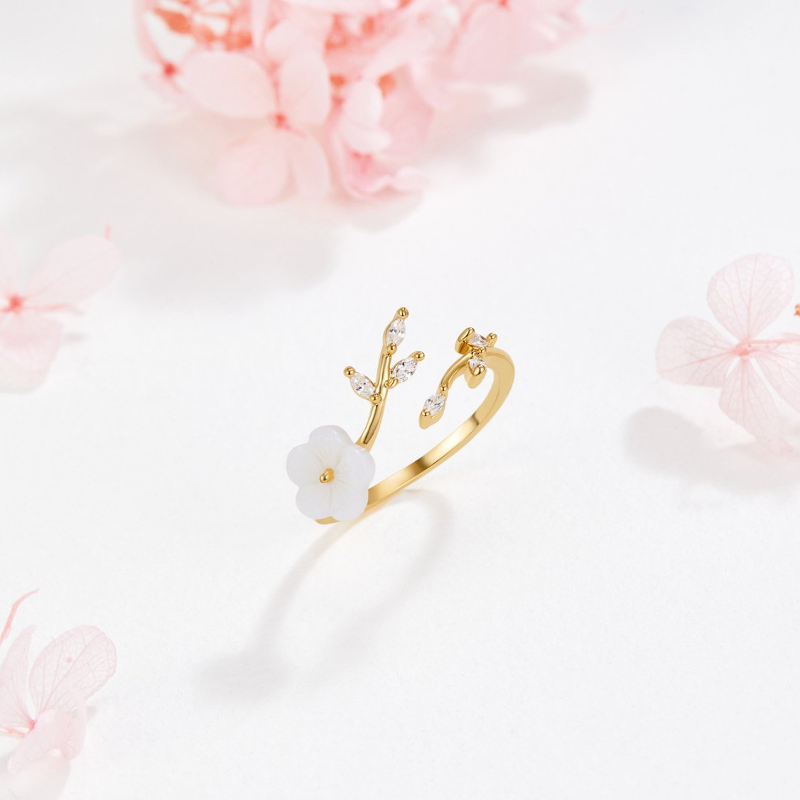Gold Blüten und Blatt Offen Ring